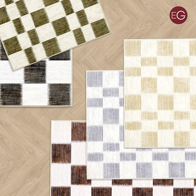 EVERGRACE Checkered Plaid Area Rug 5x7, Soft Faux Wool Rugs Washable Anti Slip Rugs Large Rug Carpet for Entryway Bedroom Living Room Hallway Kitchen Dining Room and Laundry Room, Beige