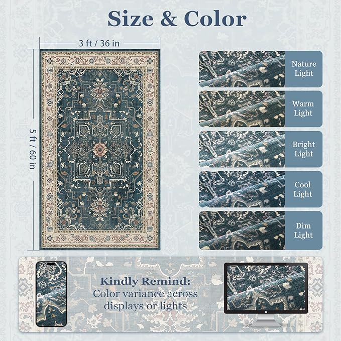 Farmhouse Distressed 3x5 Area Rugs for Entryway Foyer, Washable Non Slip Low Pile Throw Rugs for Kitchen, Vintage Medallion Pinted Carpet for Bedroom/Bathroom/Home Office, Deep Blue/Multi