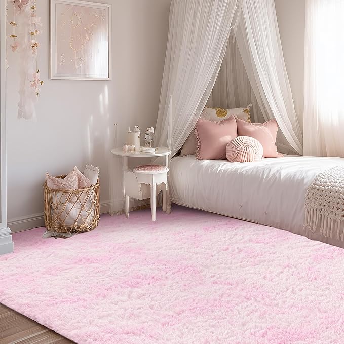 Andency 6x9 Area Rugs, Large Shag Fluffy Soft Shaggy Rugs for Living Room Bedroom, Non-Slip Tie-Dyed White Pink Thick Plush Carpet for Kids Girls and Boys, Dorm Nursery Home Decor Aesthetic