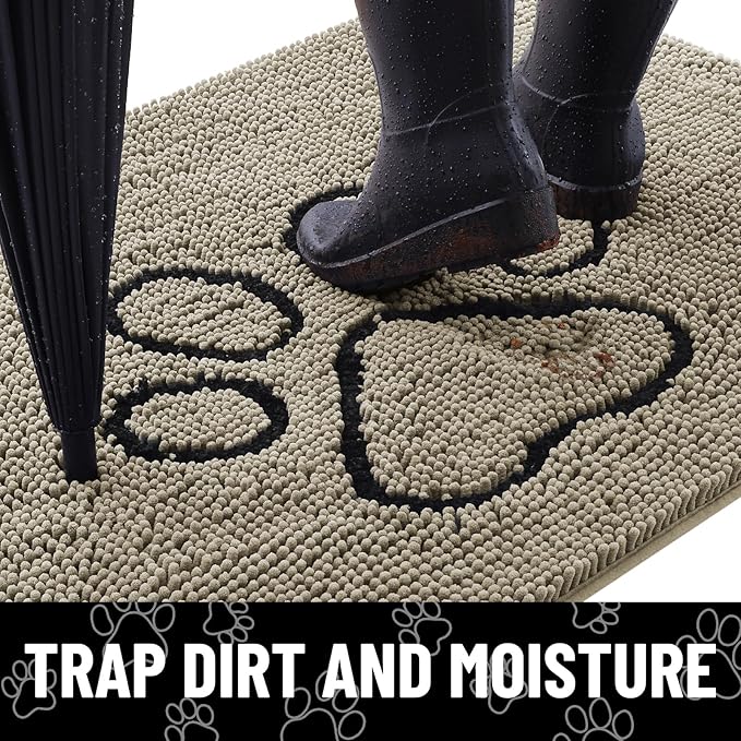 Smiry Dog Door Mat for Muddy Paws, Absorbent Dirt Trapper Non Slip Quick Dry Washable Chenille Mat for Mud Dogs, Entry Rug for Indoor and Outdoor (30x20 Inches, Warm Taupe and Black)