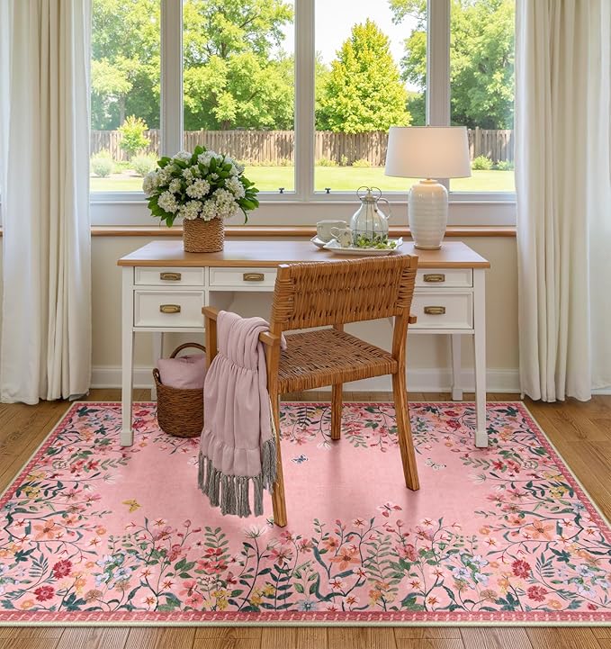 Wonnitar Washable 4x6 Rug, Pink Rugs for Girls Bedroom, Soft Non-Slip Nursery Area Rug, Floral Rugs Kids Room Low Pile Throw Carpet for Dorm Decor (Pink,4'x6')