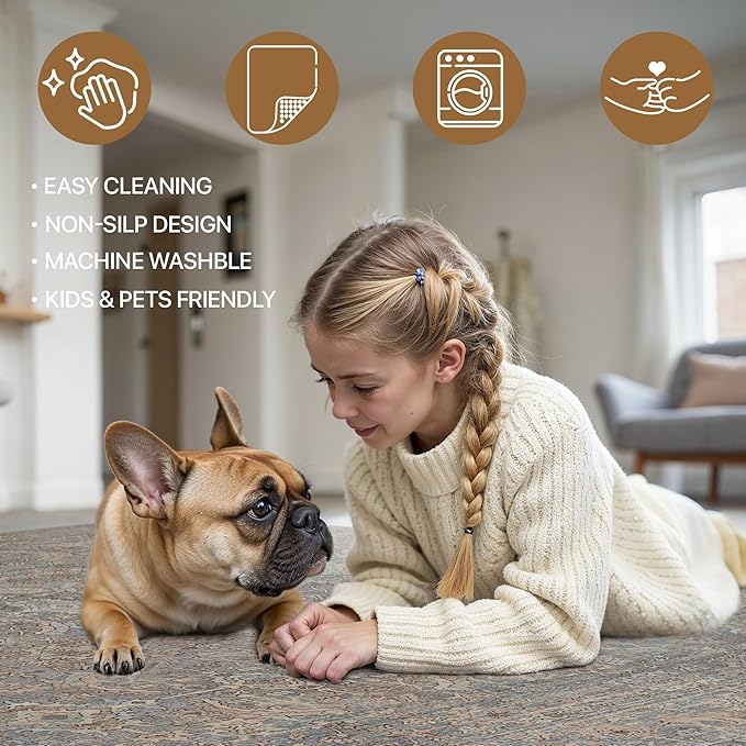 9x12 Area Rug Machine Washable Boho Rug for Living Room,Ultra-Thin Low Pile Carpet,Lightweight Indoor Printed Rug,Non Slip Floral Area Rug for Bedroom, Dining Room, Home Office,Grayish Blue