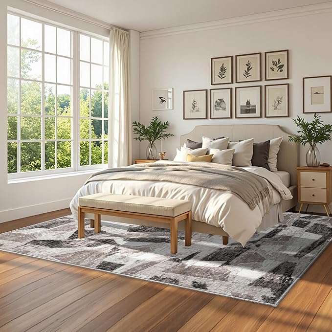 8X10 Area Rugs for Living Room Bedroom,Modern Abstract Large Carpet Washable Rugs 8x10 for Dining Room Office,Non Slip Gray Print Faux Wool Thin 8 by 10 Indoor Nursery Kids Home Pet & Child Friendly