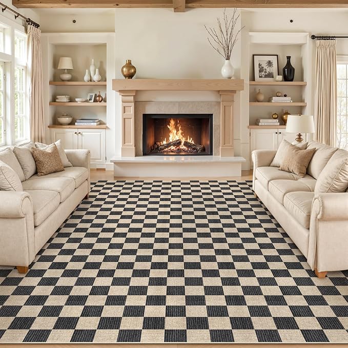 LIVEBOX 10x14 Area Rugs for Living Room, Checkered Non-Slip Washable Rugs, Farmhouse Neutral Classic Geometric Pattern Large Boys Area Rug for Bedroom, Carpet for Dining Room Office (Black,10'x14')