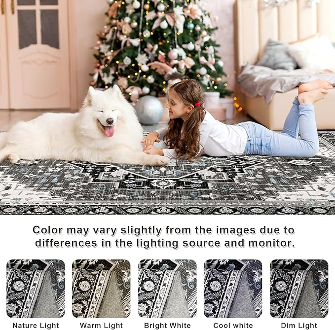 3x5 Black Grey Area Rug for Living Room, Machine Washable Rugs with Non-Slip Backing for Bedroom, Vintage Medallion Carpet Kitchen Laundry Kids Room Decor