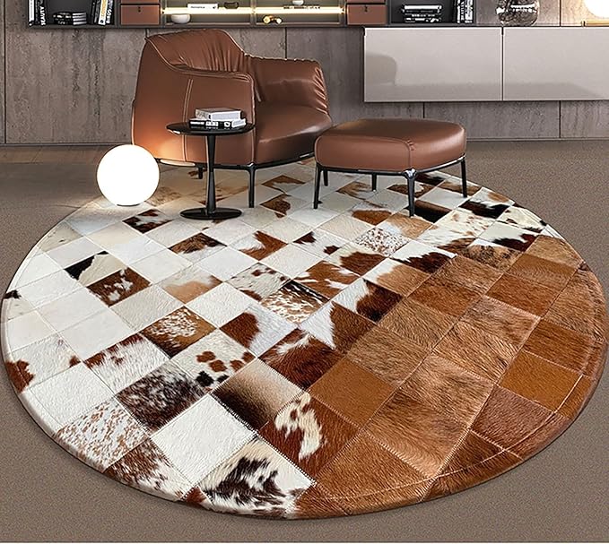 Handmade Pure Cowhide Round Leather Rug for Living Room Bedroom Rug (6X6)