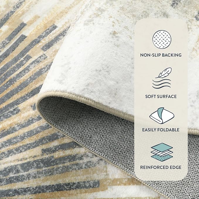 Lahome Modern Washable Area Rugs 8x10 - Ultra-Thin Non-Slip Soft Velvet Abstract Living Room Rug Starburst Floor Rugs, Abstract Print Washable Rug for Dining Room Table Office (Gold/Gray, 8'x10')