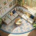 jinchan Elora Floral Corner Rug for Living Room Washable Bedroom Rug Vintage Romance Design Non Slip Quarter Circle Lightweight Low-Pile Throw Carpet for Reading Nook Playroom, 7ft Radius, Blue/Beige