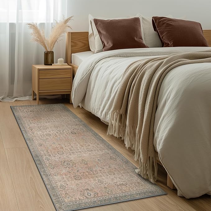 2x10 Runner Rug Machine Washable Boho Runners for Hallway,Ultra-Thin Low Pile Rug,Lightweight Indoor Carpet,Non Slip Floral Runners for Enrtyway, Corridor, Home Office, Kitchen,Light Beige