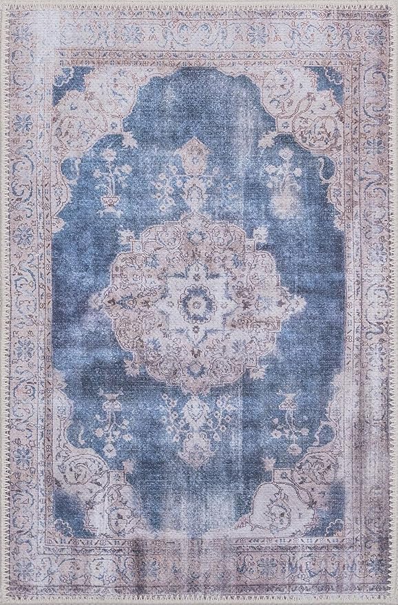 GLN Rugs Traditional Collection - Machine Washable Area Rug, Traditional Washable, Non Slip, Low Pile Chenille Rug, Living Room, Bedroom, Kitchen Rug (2' x 3' Cream/Navy)