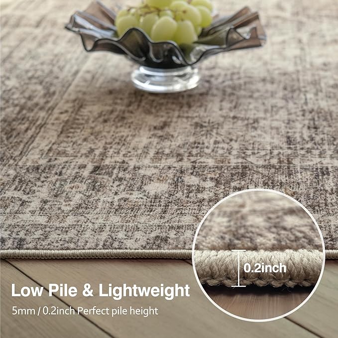 FMFUNCTEX 9x12 Washable Area Rug Vintage Neutral Distressed Large Taupe Non Slip Carpet for Living Room Bedroom Soft Low Pile Indoor Mat Retro Floral Throw Rug for Dining Room Kitchen Office Nursery