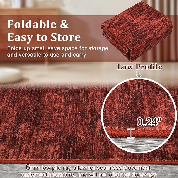 RUGSREAL Area Rug 5x7 Machine Washable Area Rug for Living Room Non-Slip Stain Resistant Modern Abstract Bedroom Rug Contemporary Solid Throw Rug Foldable Accent Floor Carpet for Dining Room, Red