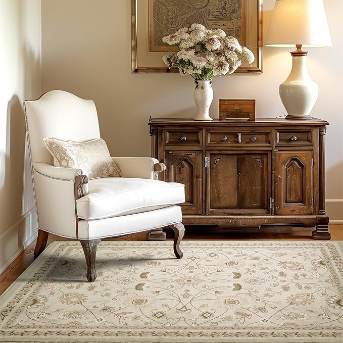 EVERGRACE Area Rugs for Living Room 4x6, Boho Floral Faux Wool Indoor Outdoor Rugs, Washable Rugs for Bedroom Entryway Dining Room Hallyway, Low Pile Floor Mat Carpet for Home Decor, Natural Beige