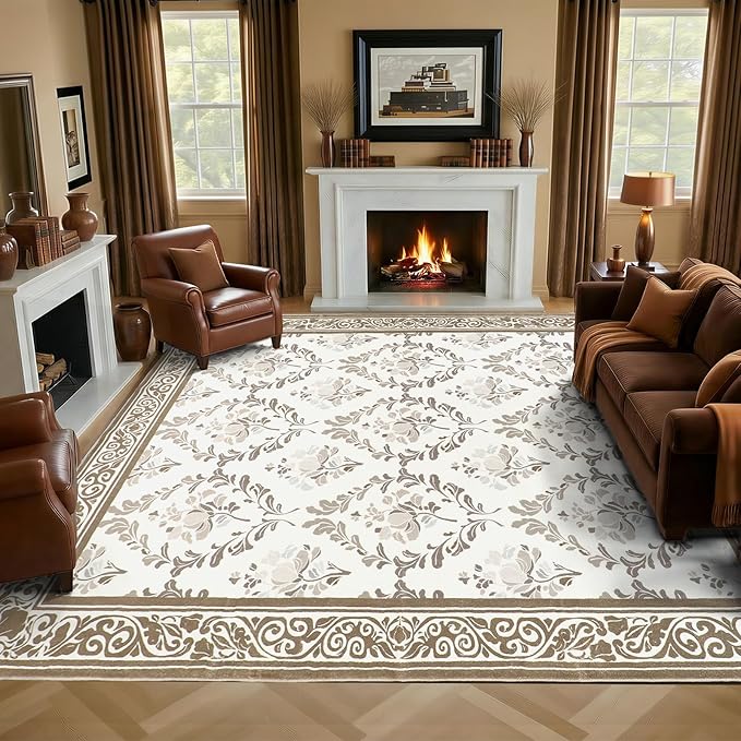 SOULFUL Medium Pile 8x10 Rugs for Living Room - Soft Underfoot Large Area Rug - Brown Boho Floral - Washable Non-Slip - Perfect for Bedroom Kids Room Under Dining Table Office