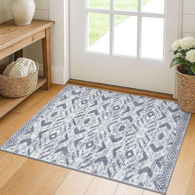 KILOCOCO Boho Entryway Rug 2x3 Printed Small Area Rug Indoor Door Mat Machine Washable Kitchen Rugs Super Soft Non Slip Throw Rugs for Bedroom Entrance Geometric Laundry Room, Gray/White