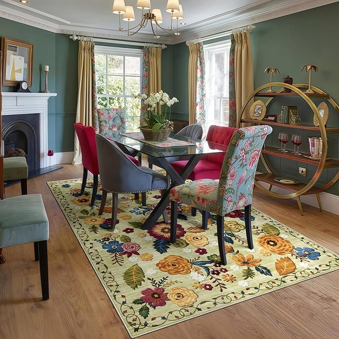 5x8 Machine Washable Area Rug for Living Room, Green Vintage Boho Floral Rug Large Non-Slip Low Pile Soft Faux Wool Carpet, Kids and Pets Friendly for Bedroom Dining Room Farmhouse Home Decor Rug