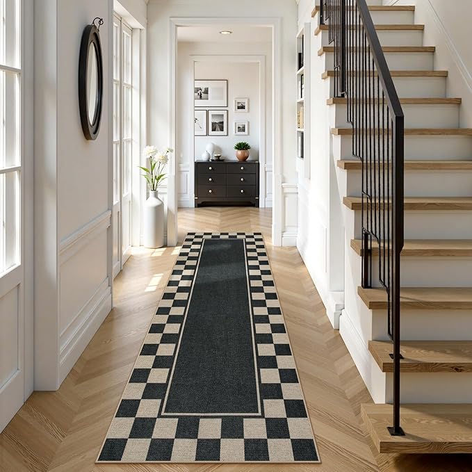 Moynesa Easy Jute Runner Rugs Washable 2.5x8 Entryway Runners Rug for Kitchen Black Checkered Carpet for Indoor Outdoor Non Slip Mat for Hallways Bathroom Bedroom Laundry Living Room Corridor