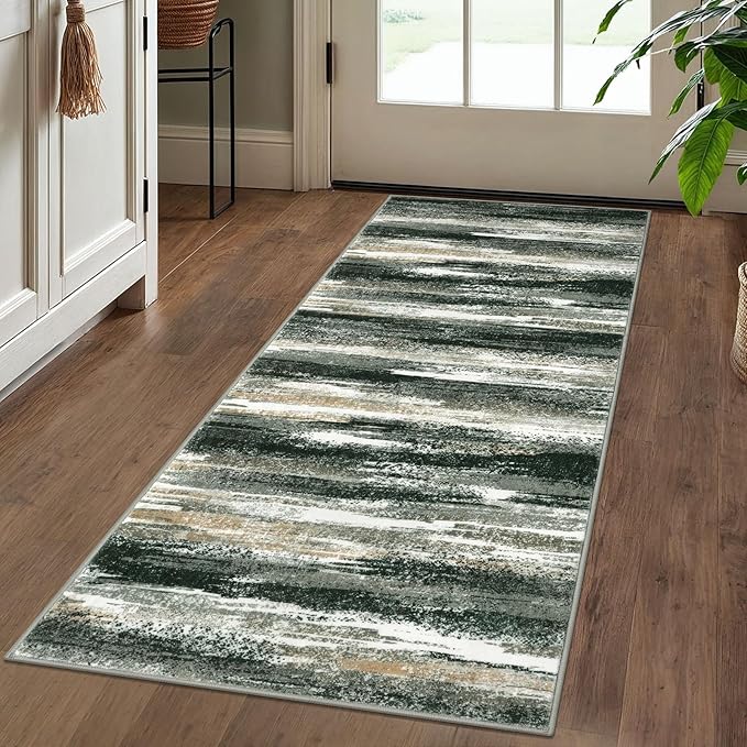 Modern Abstract Runner Rug 2x5, Forest Green Washable Entryway Kitchen Runner Non-Slip Soft Hallway Rug Runner Thin Print Faux Wool Carpet for Bedroom Laundry Room Indoor