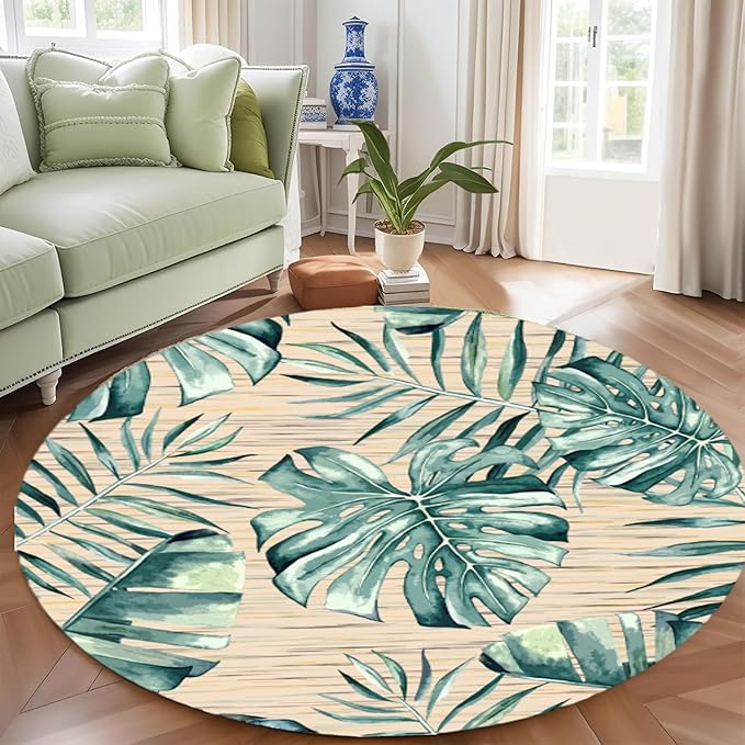 Tropical Leaf Round Area Rug 6ft - Green Beige Watercolor Design Indoor Carpet, Soft Non-Slip Floor Mat for Living Room Bedroom Office, Easy Clean Modern Decor