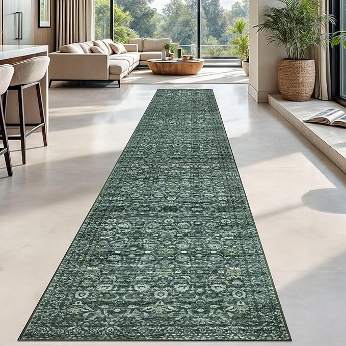 Runner Rug 2.6x18, Dark Green Washable Long Hallway Rug Runner Non-Slip Soft Kitchen Runner Thin Printed Faux Wool Super Soft Carpet for Entryway Bedroom Laundry Room Indoor Home Decor