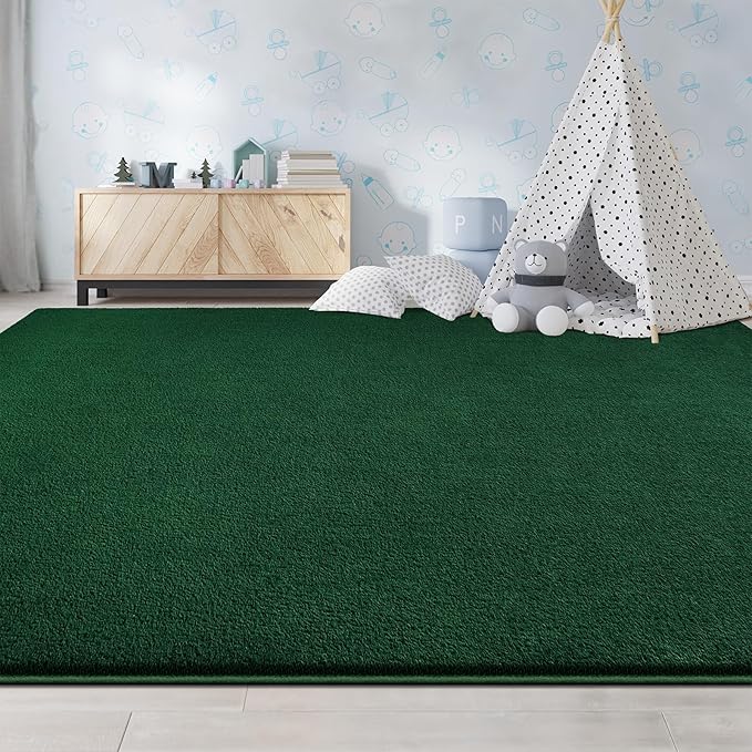 Large Area Rugs for Living Room Bedroom, 5x8 Feet Dark Green Rug, Minimalist Modern Shag Rug, Soft Thick Memory Foam Indoor Carpet, Non-Slip Washable Rug for Boys Girls Dorm Nursery Room Home Decor