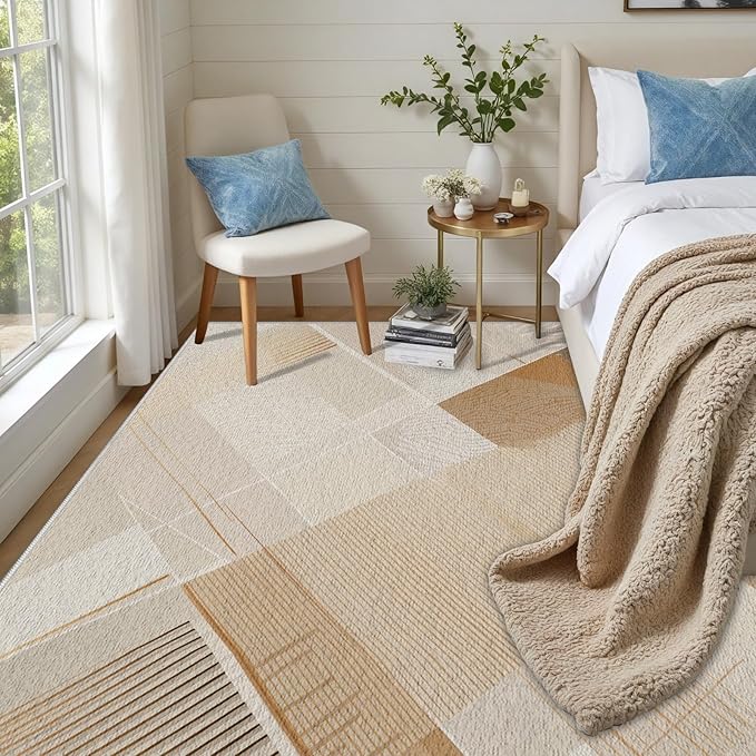 Minimalist Abstract Area Rug 5x7 Brown Boho, Modern Washable Stripe Art Rugs, Soft Non-Slip Low-Pile Carpet for Living Room, Bedroom, Kitchen, Dining Room, Pet Friendly, Non-Shedding, Beige