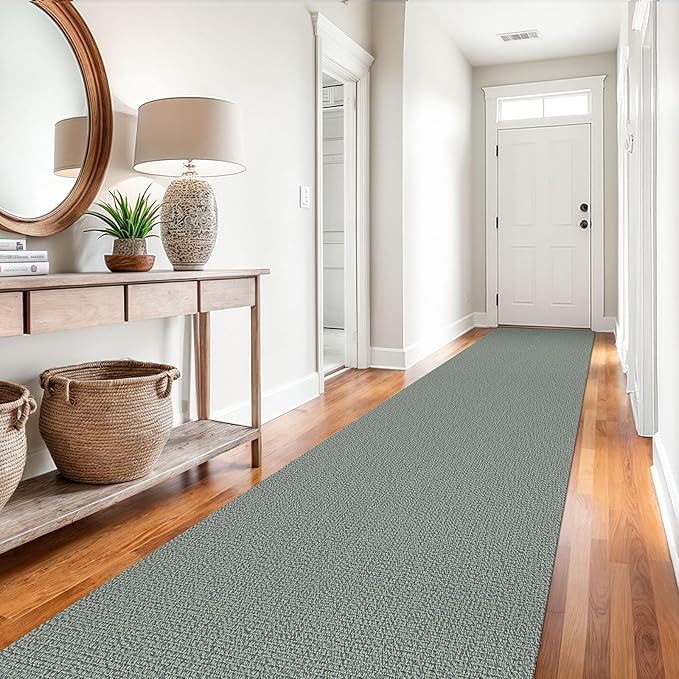 EARTHALL Extra Long Runner Rug 3x14 Ft Washable Runners for Hallways Cotton Non Slip Entryway Runner Braided Kitchen Runner Indoor Outdoor Carpet Runners for Stair, Hall, Foyers, Green/Grey