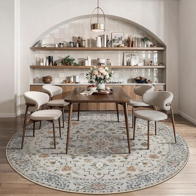 Tangsoo Vintage Round Rug 6ft,Washable Circle Rug, Non Slip Boho Round Area Rug,Low Pile Circular Rugs,Large Round Rugs Carpet for Livingroom,Bedroom,Nursery,Dorm,Office,Grey