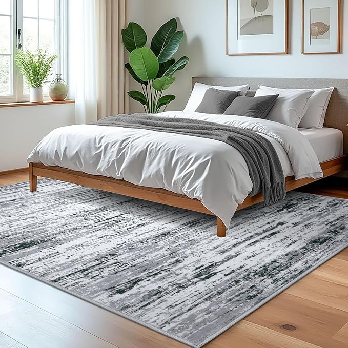 Modern Abstract 5x7 Machine Washable Area Rug Non-Slip Soft Bedroom Living Romm Rug Black Gray White Ultra Thin Print Faux Wool Floor Carpet Throw Rugs for Nursery Playroom Dining Room Indoor