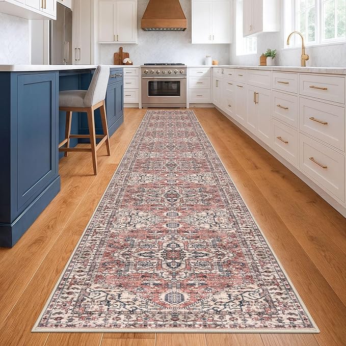 KOZYFLY Runners for Hallways 3x20 Ft Extra Long Faux Wool Washable Thin Hallway Rug Printed Runner Carpet for Entryway Bedroom Stair Kitchen Hall Living Room Decor, Terracotta/Beige