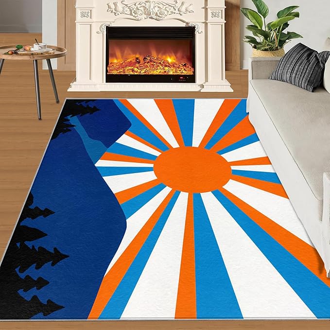 Boho Sun Area Rugs 5x8ft, Abstraction Deco Living Room Carpet, Minimalist Sunburst Decorative Carpet Protect Floor for Bedroom Men Office Hardwood Floors