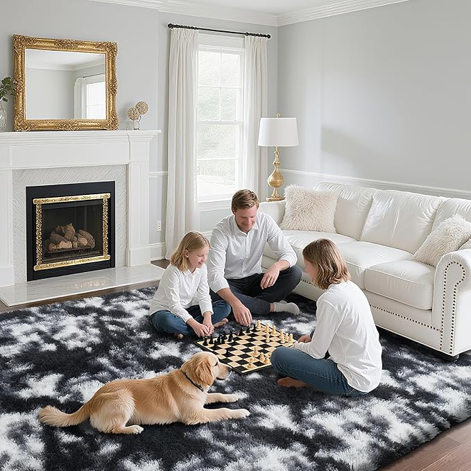 Fluffy Rug Shaggy Area Rug, Mottling Black 2x4 Area Rugs for Bedroom, Small Bedside Rug, Soft Fluffy Shaggy Entryway Throw Rugs for Living Room Bedroom Kids Room Home Decor