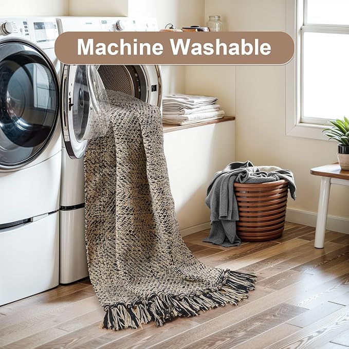 Collive Farmhouse Hallway Runner Rug, 2x6 Hand-Woven Reversible Washable Runners for Kitchen Floor, Natural/Black Cotton Laundry Room Rugs Modern Boho Kitchen Sink Carpet for Bathroom Foyer Bedroom