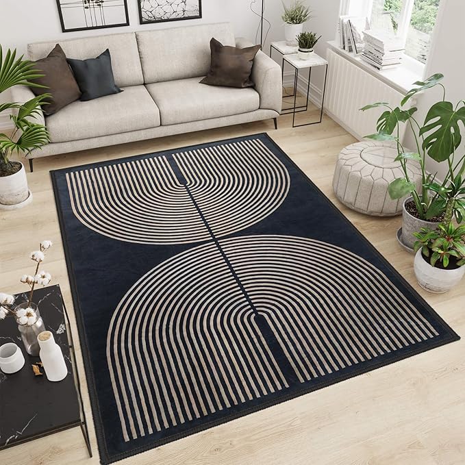 Modern Rainbow Area Rug 4x6 Black Comfort Soft Low Profile Machine Washable Non-Slip Rug, Contemporary Backyard Living Room Mat