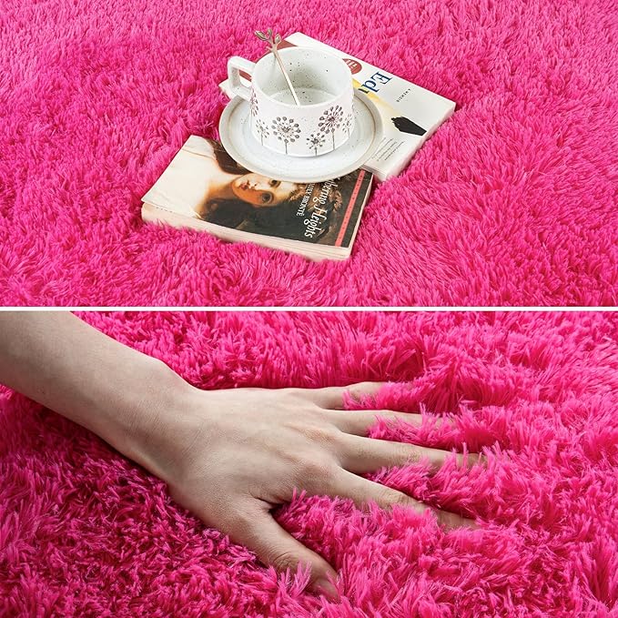 Shaggy Area Rugs, Hot Pink Fuzzy Rugs for Kids Bedroom, Soft Play Nursery Area Rug for Girls, Shag Area Rugs Non Slip, Fluffy Rug Carpet 8x10Ft