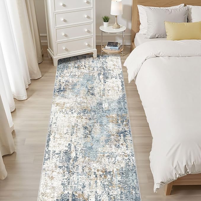 Runner Rug Non Slip Rugs: 3x8 Hallway Kitchen Washable Abstract Soft Modern Stain Resistant Indoor Floor Neutral Accent Throw Carpet for Bathroom Laundry Room Entryway Bedroom- Blue