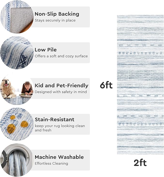 2x10 Runner Rug Machine Washable Non Slip Area Rug Distressed Neutral Moroccan Boho Rug Ultra Soft Floor Runners for Hallways for Entryway Laundry Room Kitchen, Blue