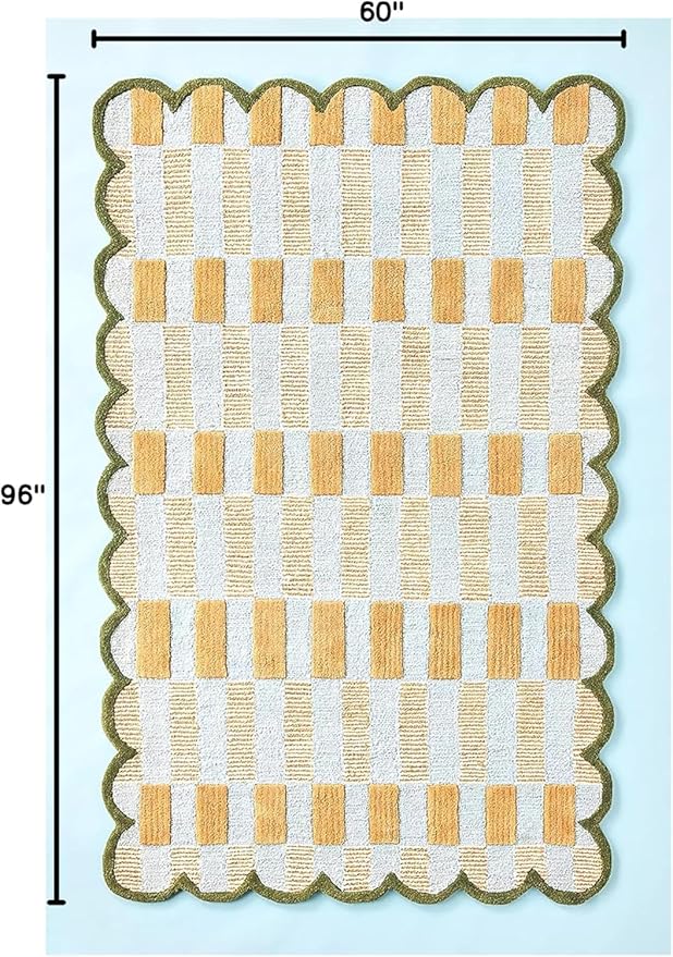 Hand-Tufted Wool Rug with Scalloped Edges, Light Blue Plaid Pattern, Cozy Soft Area Rug for Living Room, Bedroom, and Nursery, Handmade Modern Accent Rug (Blue, 5X7 FEET)