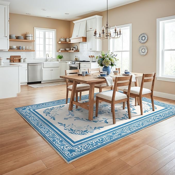 SOULFUL Medium Pile 8x10 Rugs for Living Room - Cozy Soft Underfoot Large Area Rug - Blue Boho Floral - Washable Non-Slip - Perfect for Bedroom Kids Room Under Dining Table Office