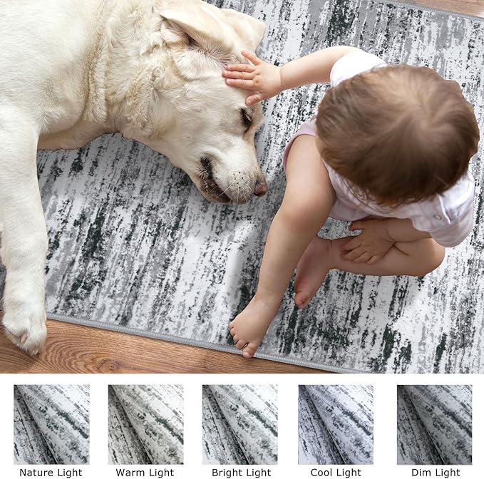 Modern Abstract Runner Rug 2.6x8, Black Grey White Washable Kitchen Runner Non-Slip Soft Hallway Rug Runner Thin Print Faux Wool Carpet for Entryway Bedroom Laundry Room Indoor Home Decor