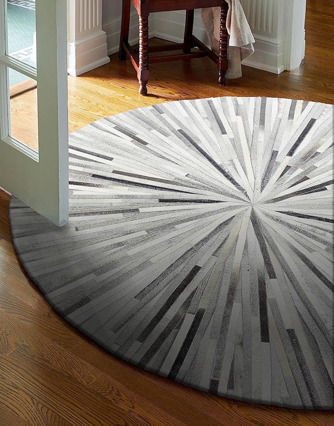 Faux Cowhide Round Area Rug | Non-Slip Leather Floor Carpet for Living Room, Bedroom, and Home Décor | Modern Stylish Accent Rug(Grey_5x5)