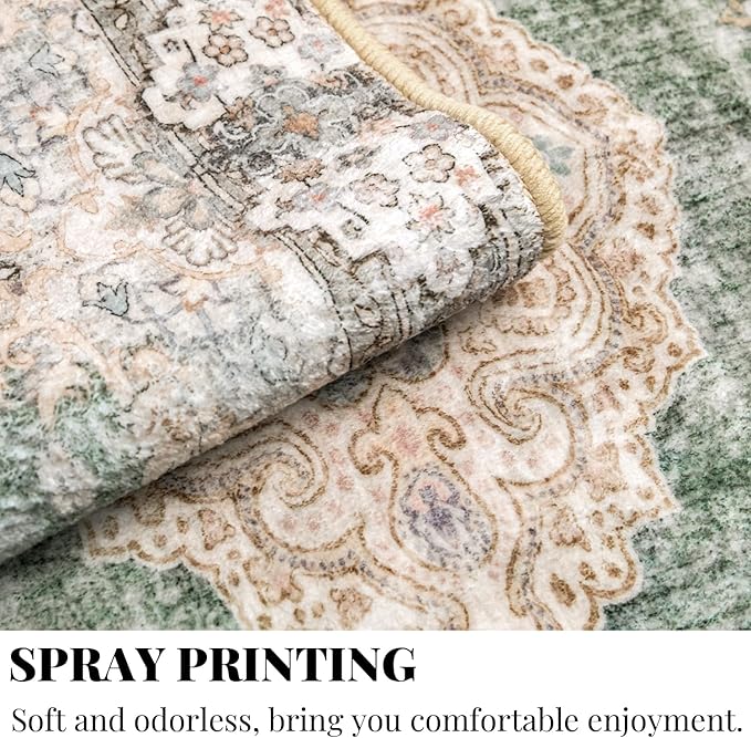 MUJOO Hallway Runner Rug - Machine Washable Non Slip Boho Green Runner for Hallways, Entryway, Kitchen, Bathroom, Bedside - Retro Soft Low-Pile 2'x6' Blossom