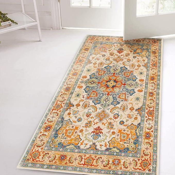 COMSLE Boho Distressed Area Rug 2' x 4', Machine Washable Faux Wool Non-Slip Small Rug for Entryway, Bedroom, Kitchen - Indoor Floor Carpet