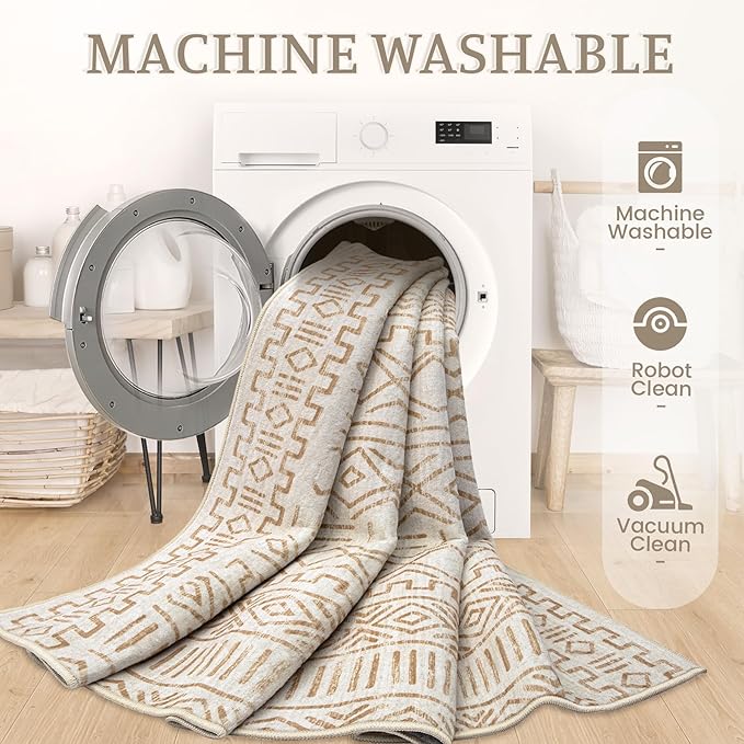 5x7 Area Rug Living Room: Washable Boho Geometric Moroccan Rug Neutral Modern Farmhouse Indoor Soft Non Slip Ultra Thin Printed Pattern Carpet for Dining Room Bedroom Nursery Home (BeigeBrown, 5'x7')