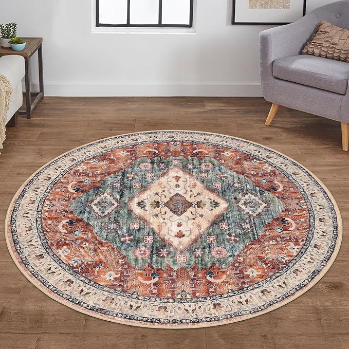 KOZYFLY Boho Round Rug 5 Ft Rugs for Entryway Washable Circle Rug Non Slip Doormat Rust/Orange/Blue Printed Faux Wool Vintage Round Entryway Rug Floor Carpet Round for Entrance, Bedroom