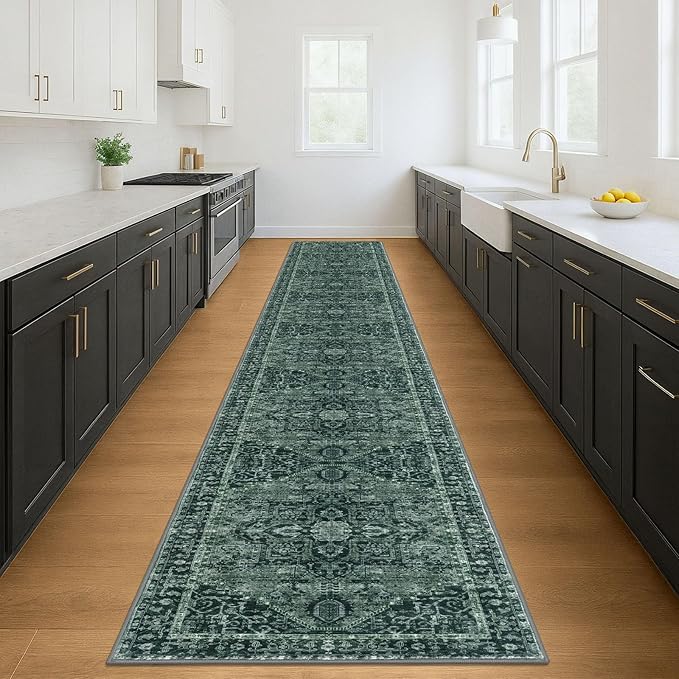 KOZYFLY Runners for Hallways 3x18 Ft Extra Long Washable Faux Wool Thin Runner Rug Printed Stair Carpet for Entryway Bedroom Kitchen Hallway Living Room, Dark Green