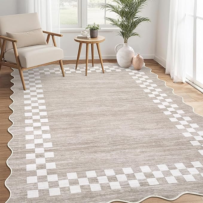 GarveeHome Scalloped Washable Rug 9x12 Area Rug for Living Room Modern Border Large Bedroom Throw Carpet with Rubber Backing Stain Resistant Boho Rug for Dining Room Home Decor Office, Fog