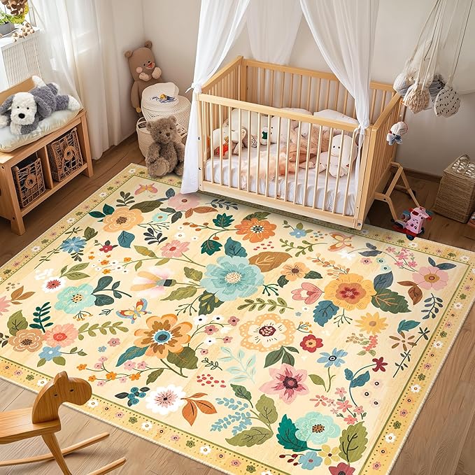 Floral 6x9 Area Rug Machine Washable Soft Print Boho Carpet Non Slip Doormat Low Pile Flower Area Rugs for Living Room Bedroom Nursery Kitchen Dining Room Indoor-Ivory/Yellow