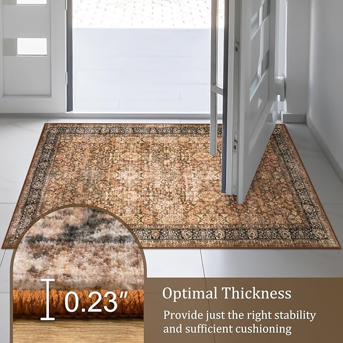 Morebes Vintage Machine Washable Area Rugs, Boho 3x5 Rug for Entryway, Soft Low-Pile Distressed Dorm Rug Indoor Floral Print Throw Carpet for Bedside Kitchen Foyer Playroom, Dark Brown