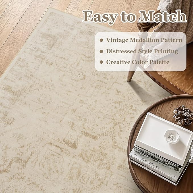 Neutral Beige Area Rugs 5x8, Non Slip Washable Rug for Living Room Bedroom, Medallion Distressed Printed Low Pile Thin Carpet Rugs for Dining Room/Kitchen/Home Office